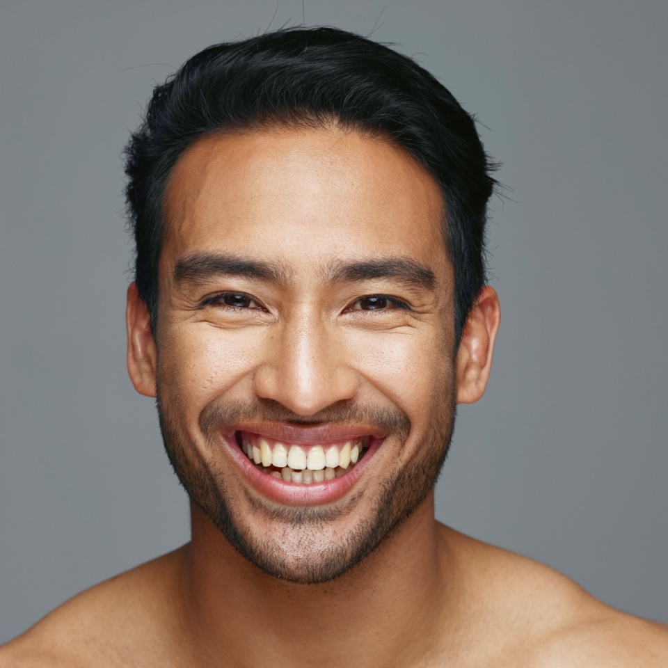 Man, face and natural beauty with hygiene and cosmetics, headshot and skincare isolated on grey background. Mockup space, portrait and clean dermatology, smile with grooming and self care in studio